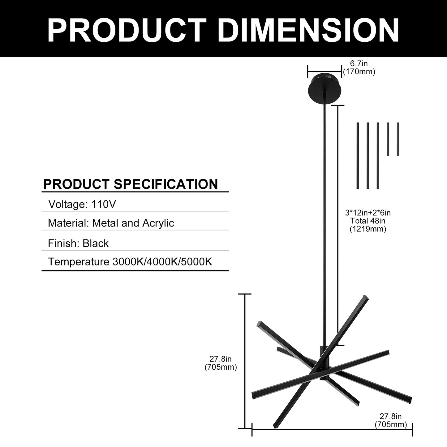 28 in. 4-Light Dimmable Black Sputnik LED Chandelier with Energy-Efficient Lighting
