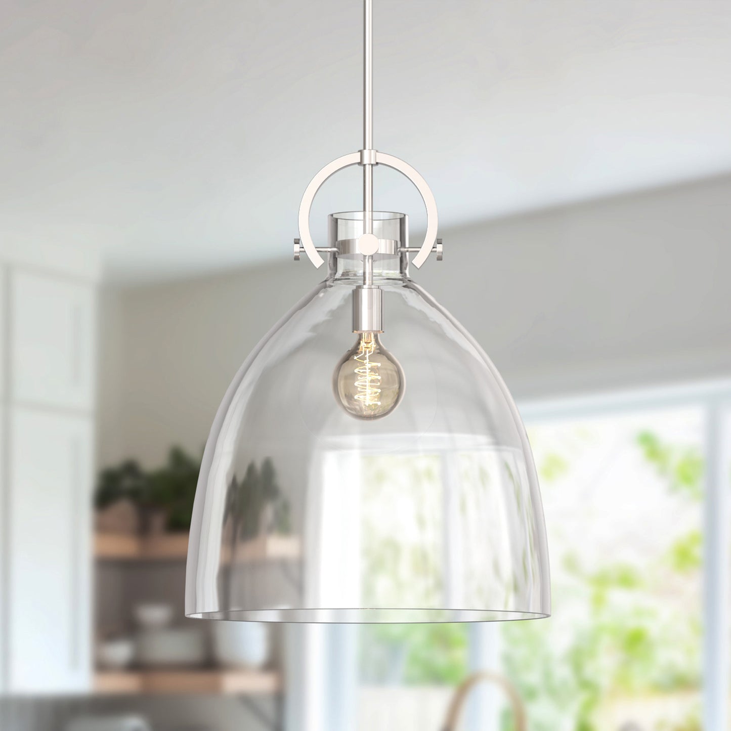 18 in. 1-Light Modern Industrial Pendant Light with Clear Glass Shade, Brushed Nickel for Kitchen Island and Dining Room