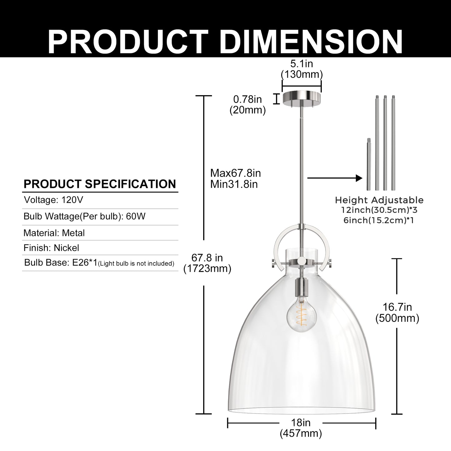 18 in. 1-Light Modern Industrial Pendant Light with Clear Glass Shade, Brushed Nickel for Kitchen Island and Dining Room