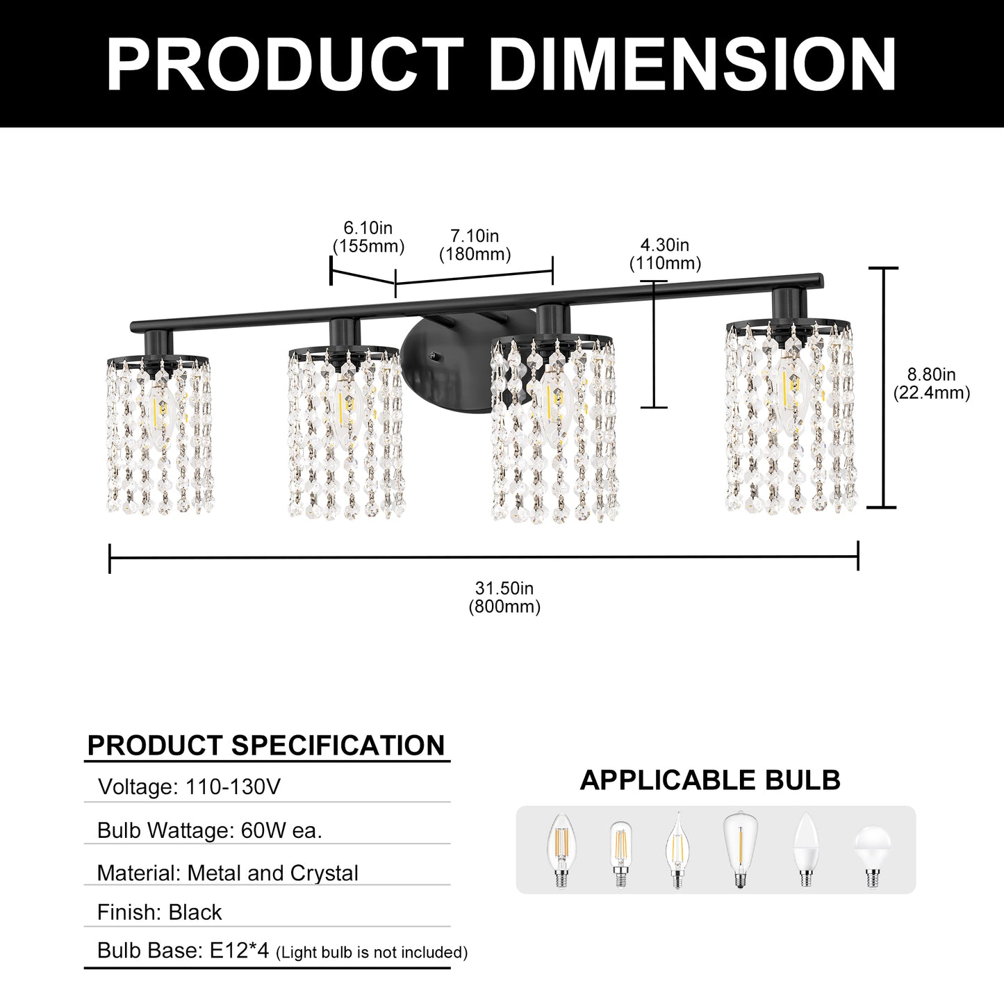 32 in. 4-Lights Black Crystal Bathroom Vanity Light Modern Bahtroom Lights Over Mirror, Wall Sconce for Bathroom Kitchen