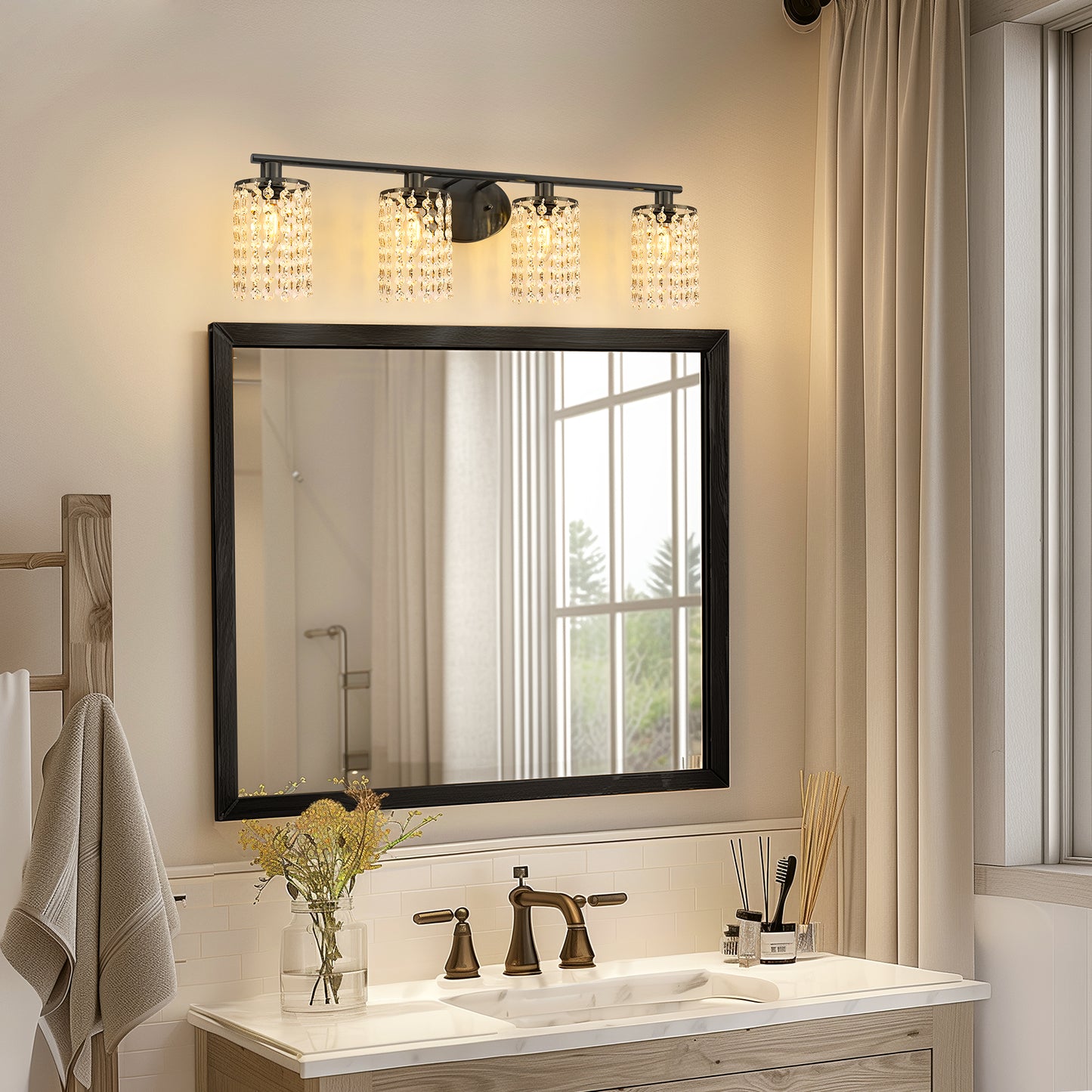 32 in. 4-Lights Black Crystal Bathroom Vanity Light Modern Bahtroom Lights Over Mirror, Wall Sconce for Bathroom Kitchen
