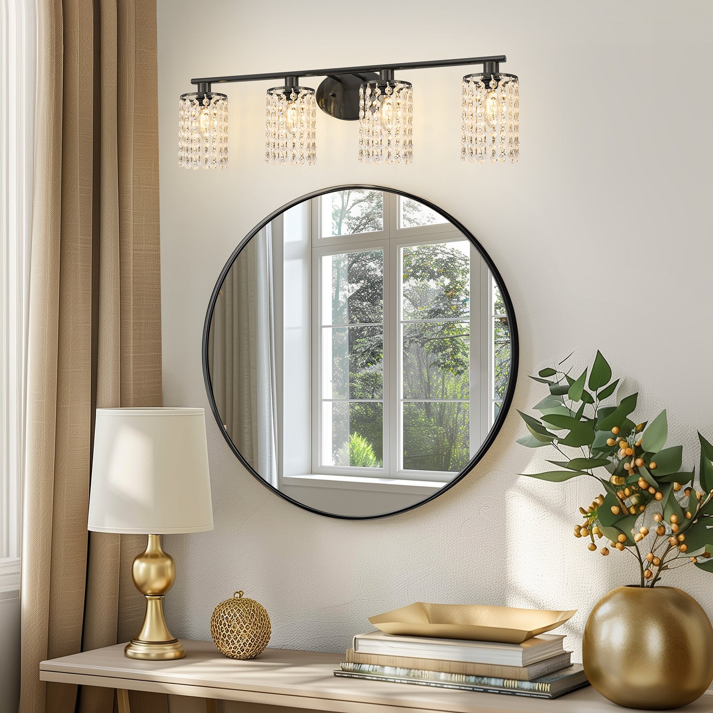 32 in. 4-Lights Black Crystal Bathroom Vanity Light Modern Bahtroom Lights Over Mirror, Wall Sconce for Bathroom Kitchen