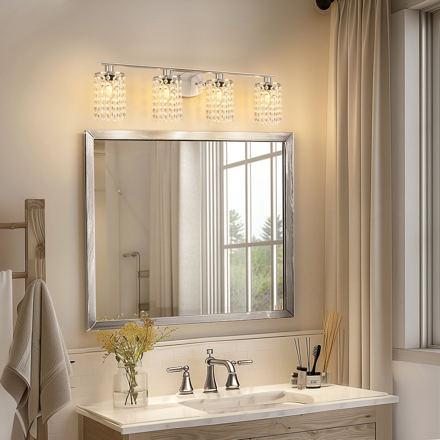 32 in. 4-Lights Chrome Crystal Bathroom Vanity Light, Bahtroom Lights Over Mirror, Wall Sconce for Bathroom Kitchen