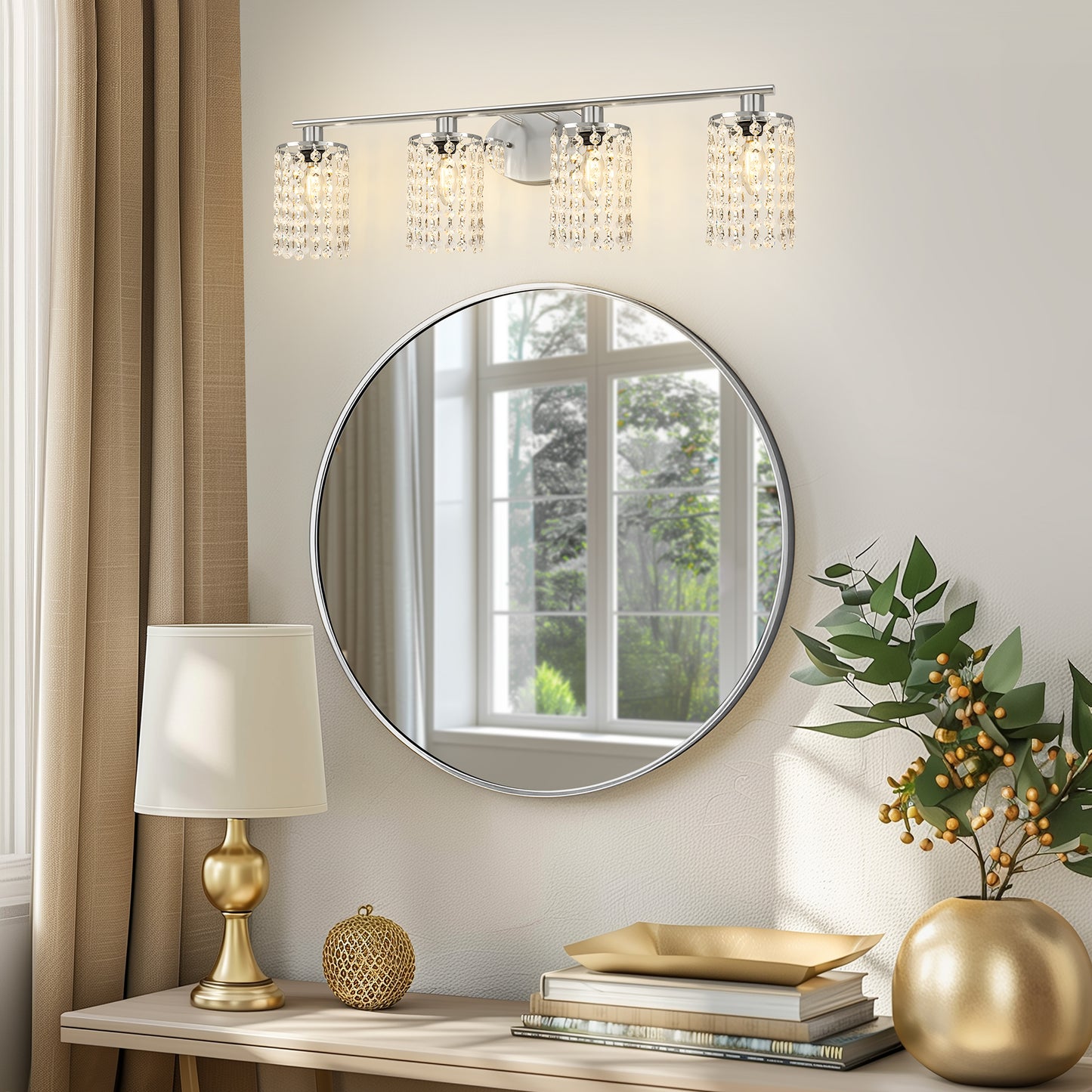 32 in. 4-Lights Chrome Crystal Bathroom Vanity Light, Bahtroom Lights Over Mirror, Wall Sconce for Bathroom Kitchen