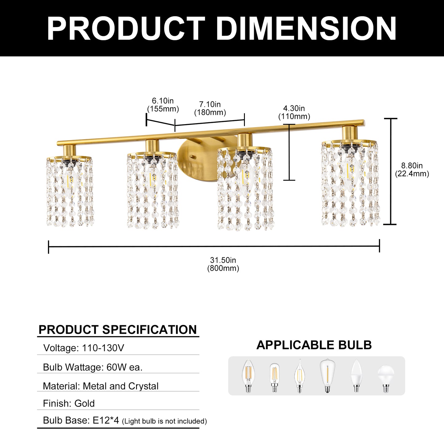 32 in. 4-Lights Gold Crystal Bathroom Vanity Light, Modern Bahtroom Lights Over Mirror, Wall Sconce for Bathroom Kitchen