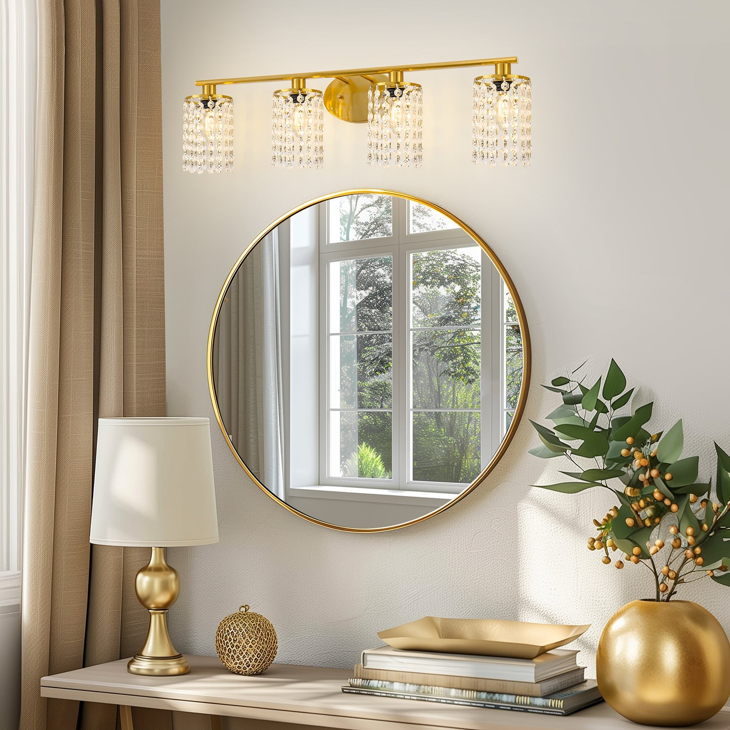 32 in. 4-Lights Gold Crystal Bathroom Vanity Light, Modern Bahtroom Lights Over Mirror, Wall Sconce for Bathroom Kitchen
