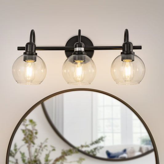 20 in. 3-Light Matte Black Industrial Bathroom Vanity Light with Clear Globe Glass Shades