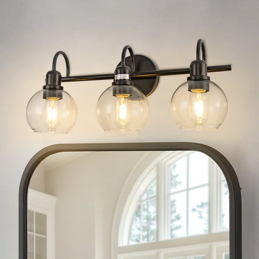 20 in. 3-Light Matte Black Industrial Bathroom Vanity Light with Clear Globe Glass Shades