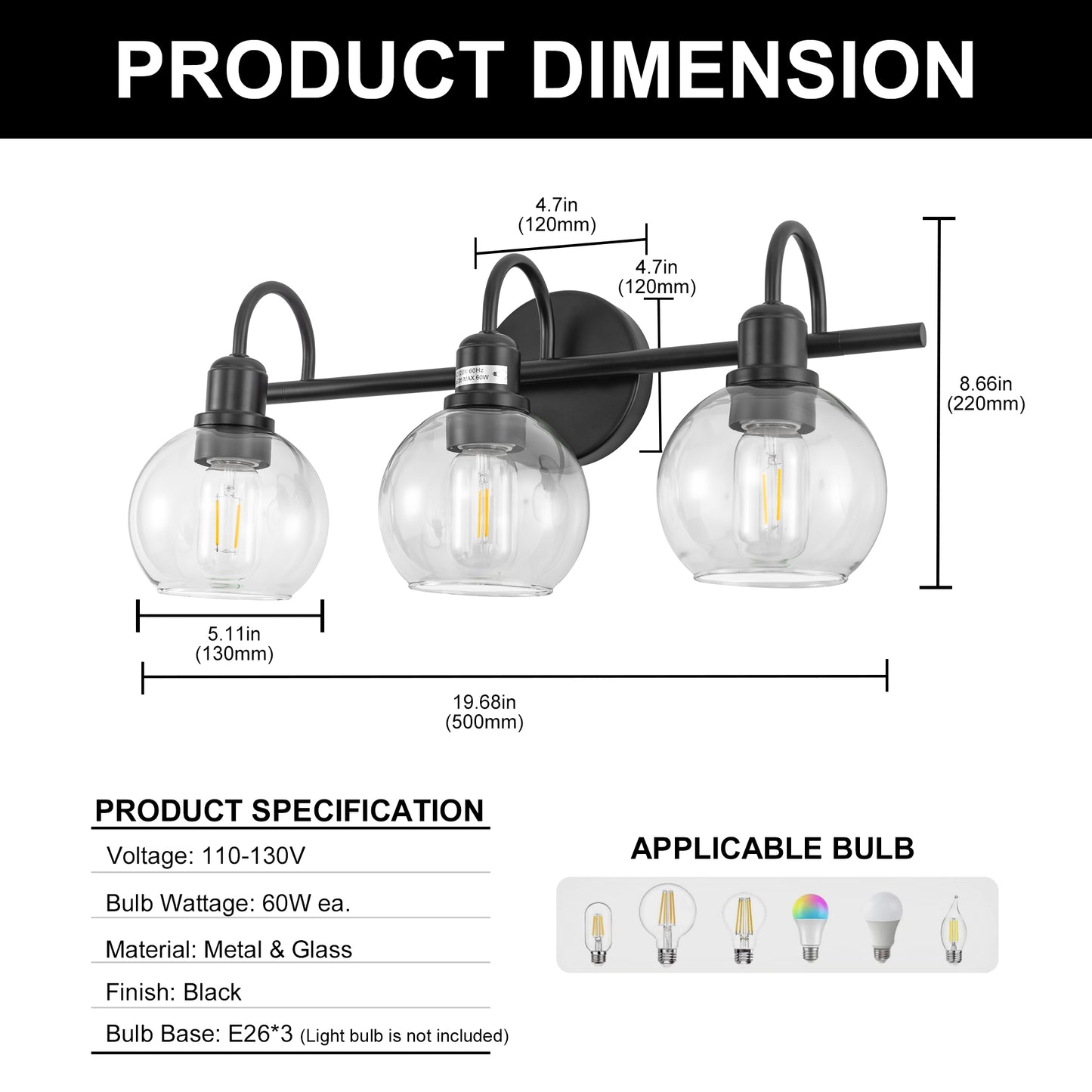 20 in. 3-Light Matte Black Industrial Bathroom Vanity Light with Clear Globe Glass Shades