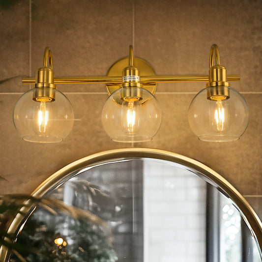 20 in. 3-Light Brass Gold Industrial 3-Light Bathroom Vanity Light with Clear Glass Globe Shades Bathroom