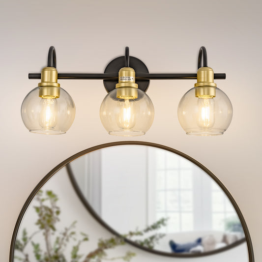 20 in. 3-Light Matte Black and Gold Industrial 3-Light Bathroom Vanity Light with Clear Glass Globe Shades Bathroom