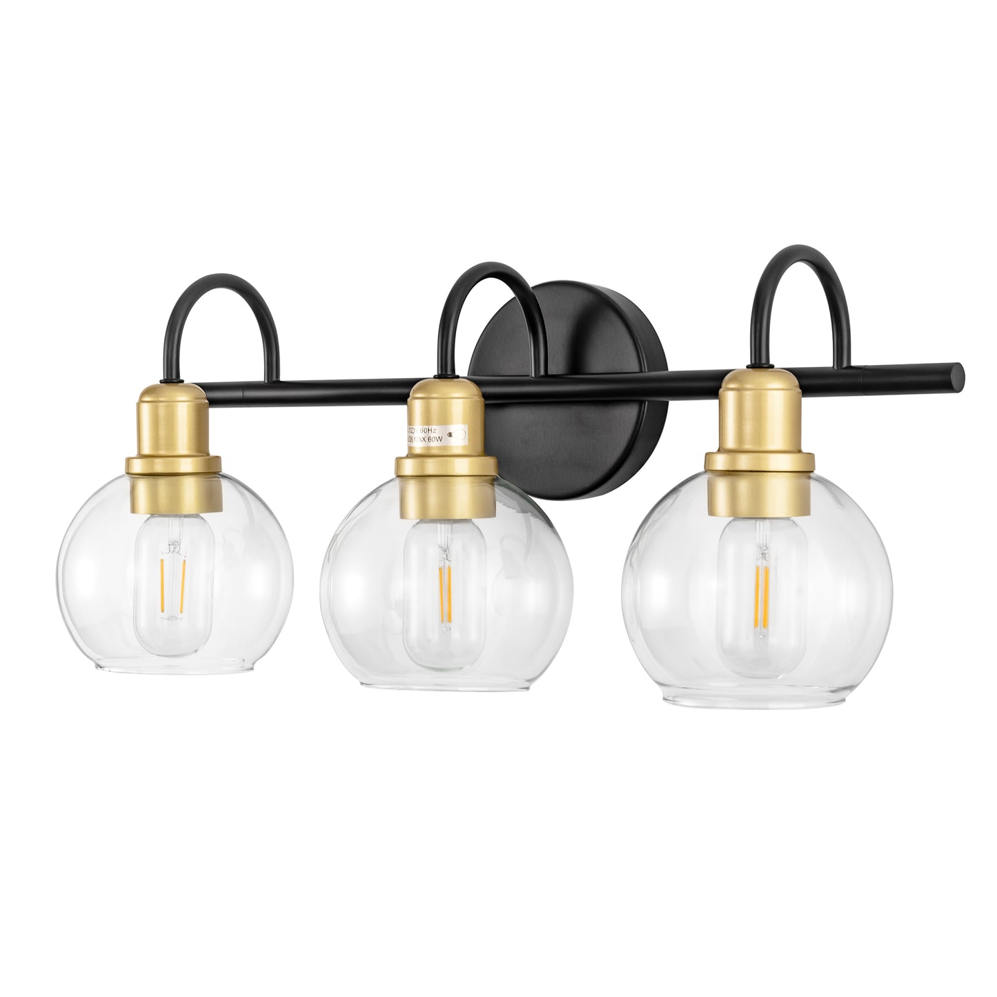 20 in. 3-Light Matte Black and Gold Industrial 3-Light Bathroom Vanity Light with Clear Glass Globe Shades Bathroom