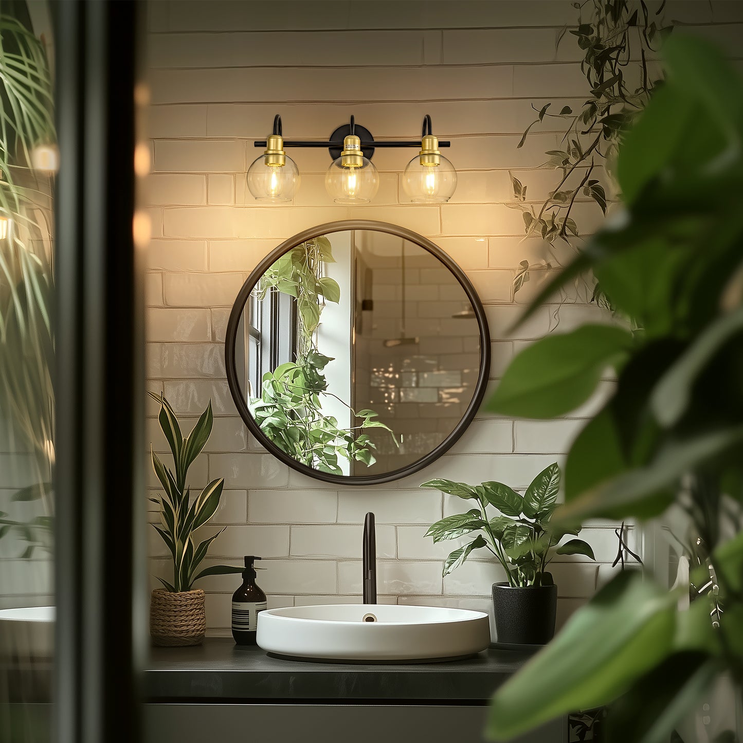20 in. 3-Light Matte Black and Gold Industrial 3-Light Bathroom Vanity Light with Clear Glass Globe Shades Bathroom