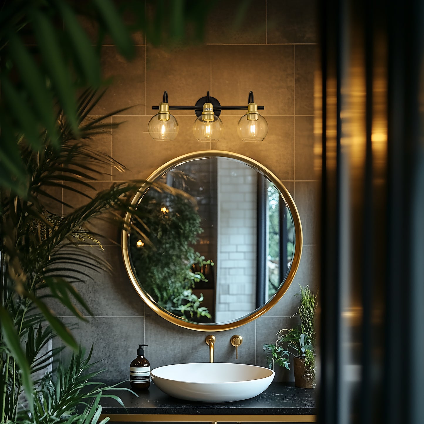 20 in. 3-Light Matte Black and Gold Industrial 3-Light Bathroom Vanity Light with Clear Glass Globe Shades Bathroom