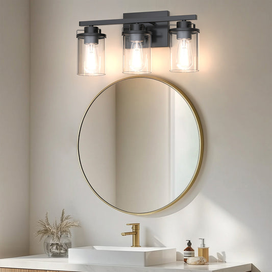 18 in. 3-Light Black Vanity Light with Clear Glass Shades for Budget Bathrooms