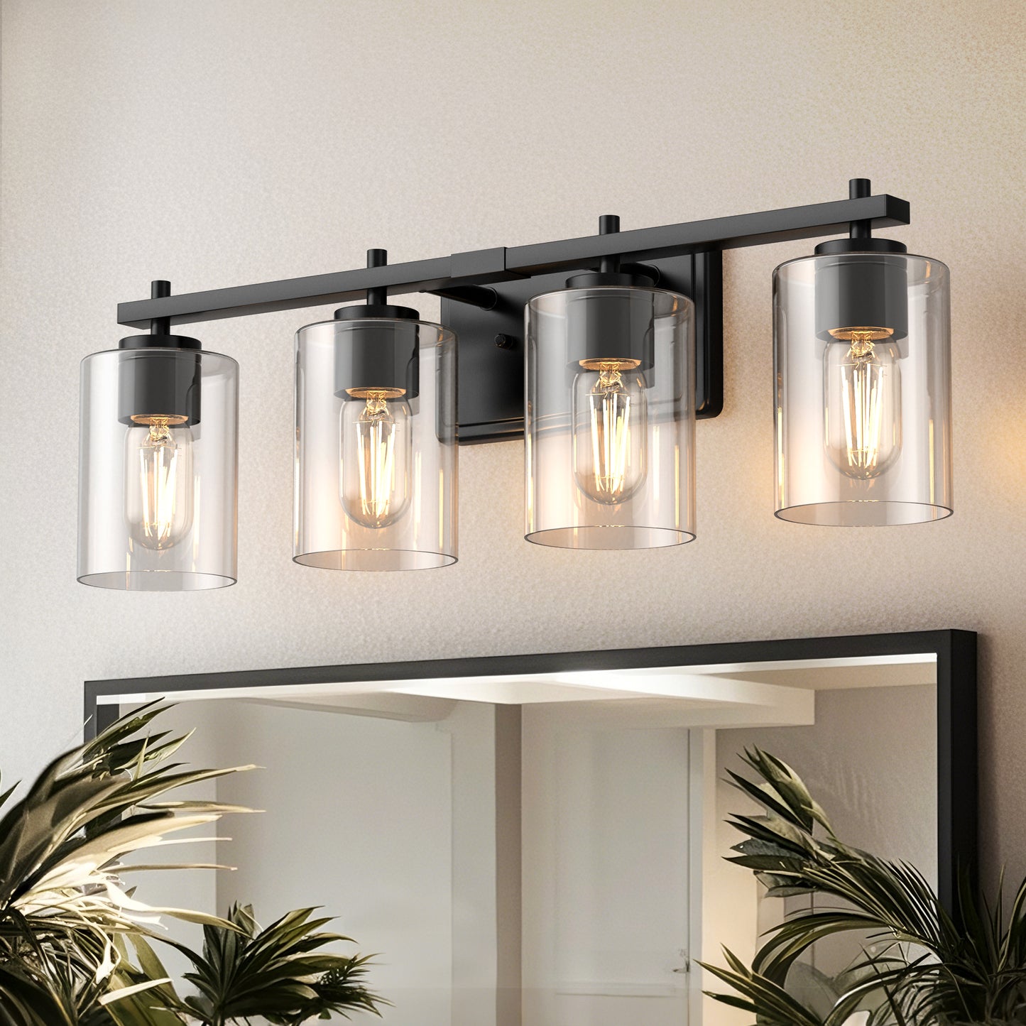 24 in. 4-Light Farmhouse Black Vanity Light with Clear Glass Shades for Budget Bathrooms