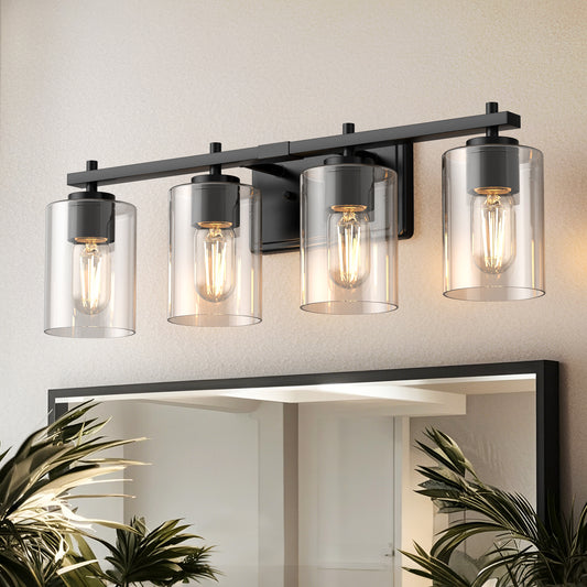 24 in. 4-Light Farmhouse Black Vanity Light with Clear Glass Shades for Budget Bathrooms