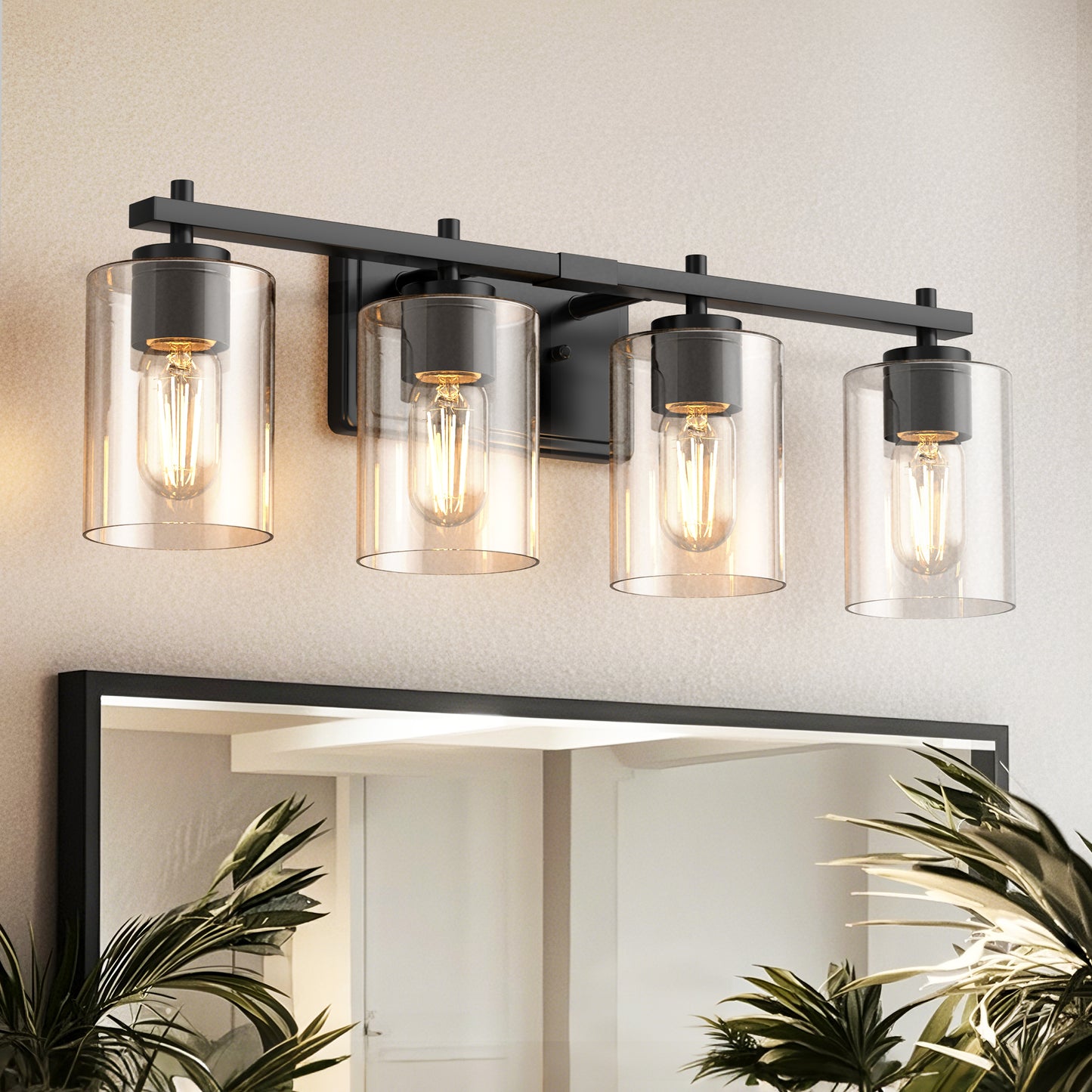 24 in. 4-Light Farmhouse Black Vanity Light with Clear Glass Shades for Budget Bathrooms