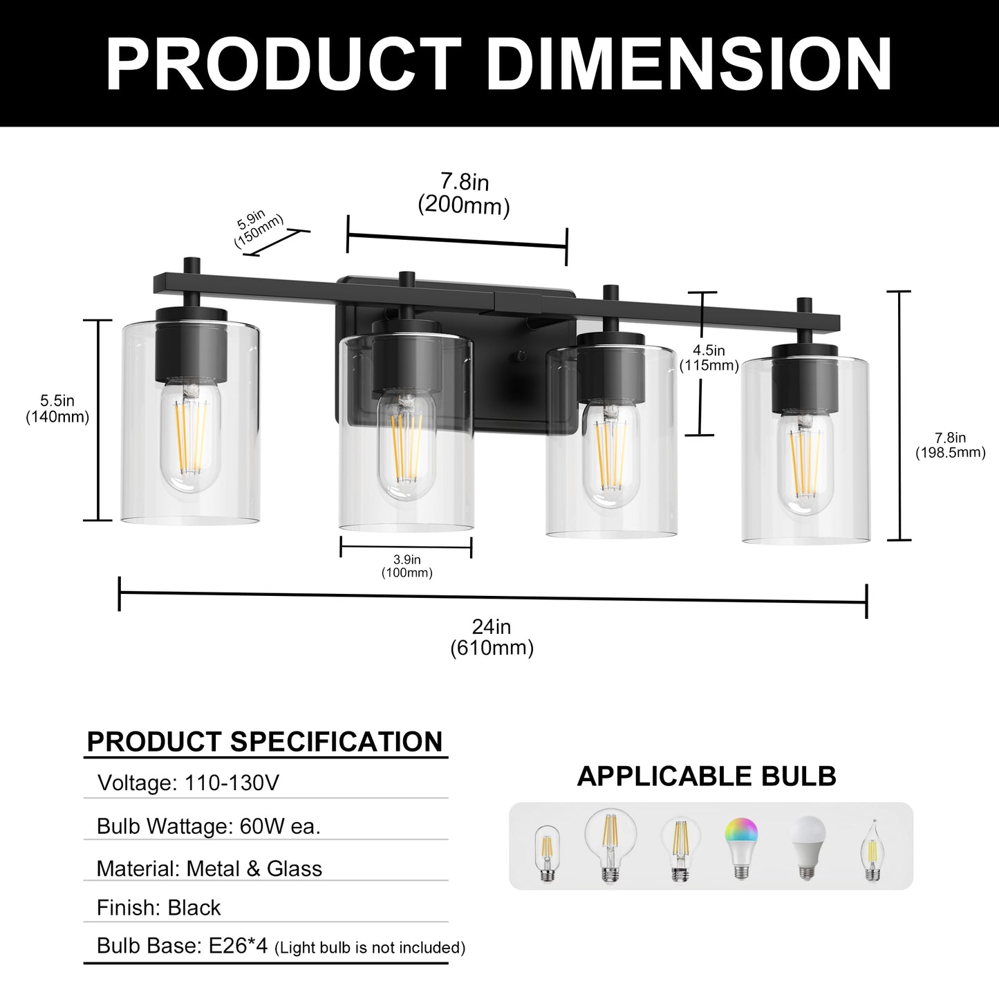 24 in. 4-Light Farmhouse Black Vanity Light with Clear Glass Shades for Budget Bathrooms