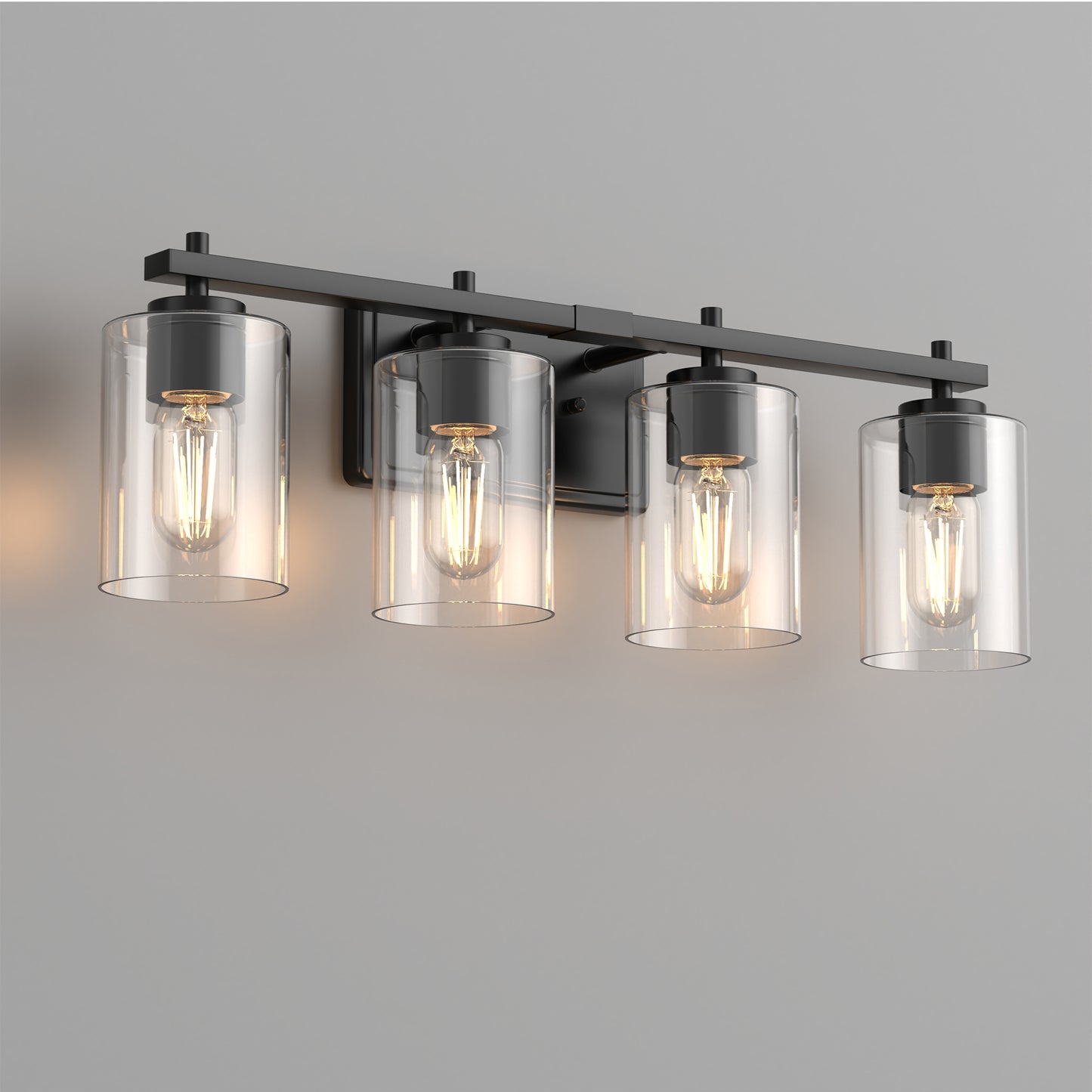 24 in. 4-Light Farmhouse Black Vanity Light with Clear Glass Shades for Budget Bathrooms
