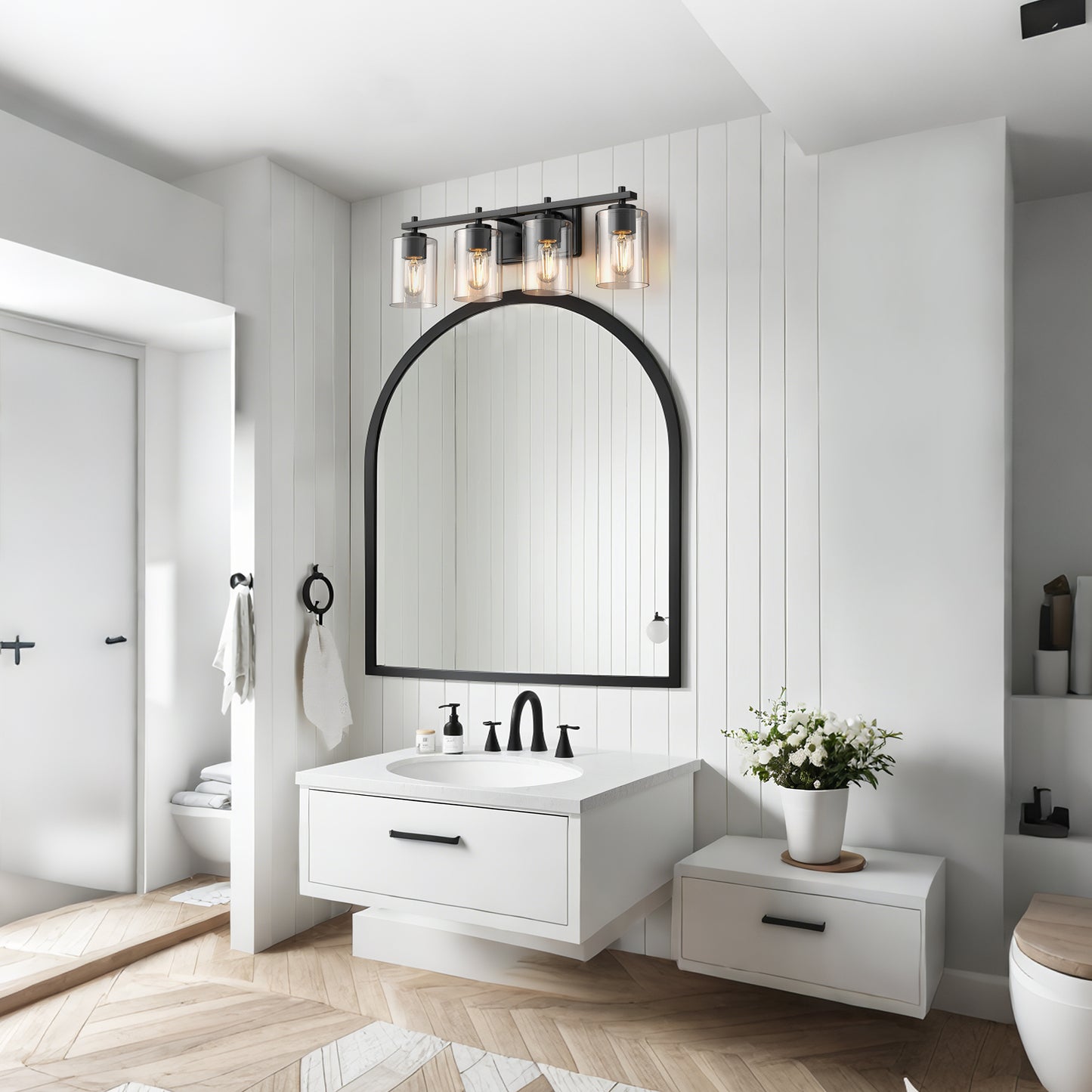 24 in. 4-Light Farmhouse Black Vanity Light with Clear Glass Shades for Budget Bathrooms
