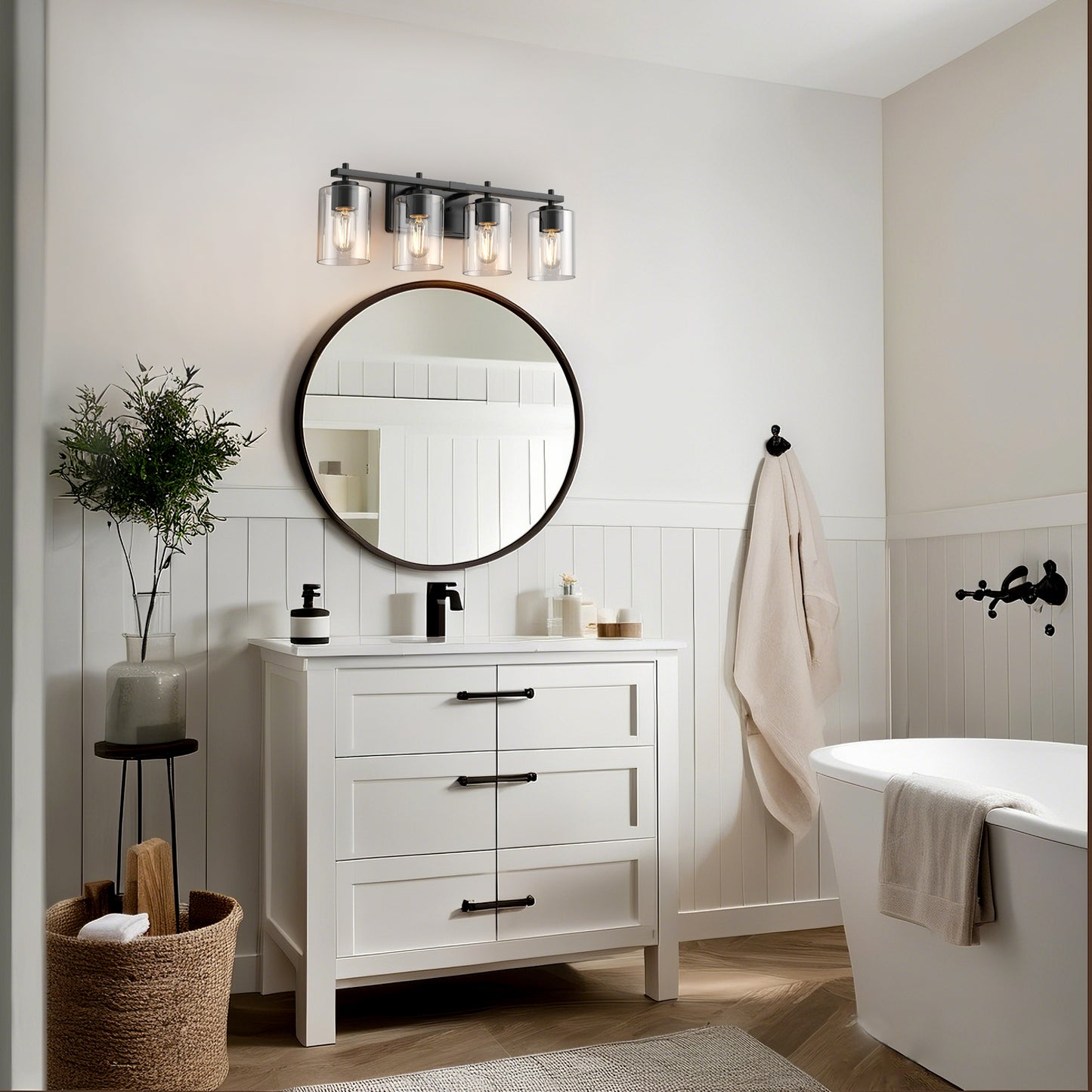 24 in. 4-Light Farmhouse Black Vanity Light with Clear Glass Shades for Budget Bathrooms