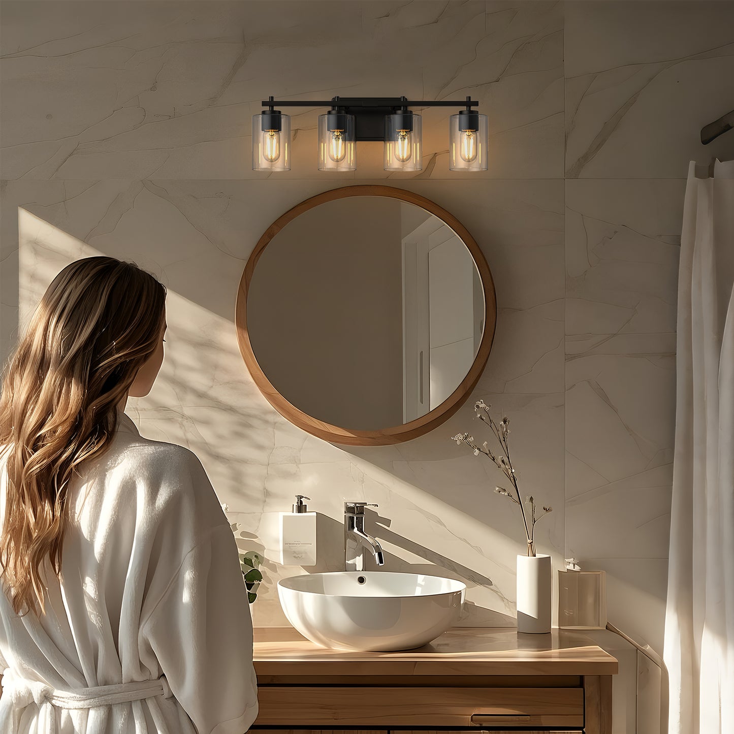 24 in. 4-Light Farmhouse Black Vanity Light with Clear Glass Shades for Budget Bathrooms