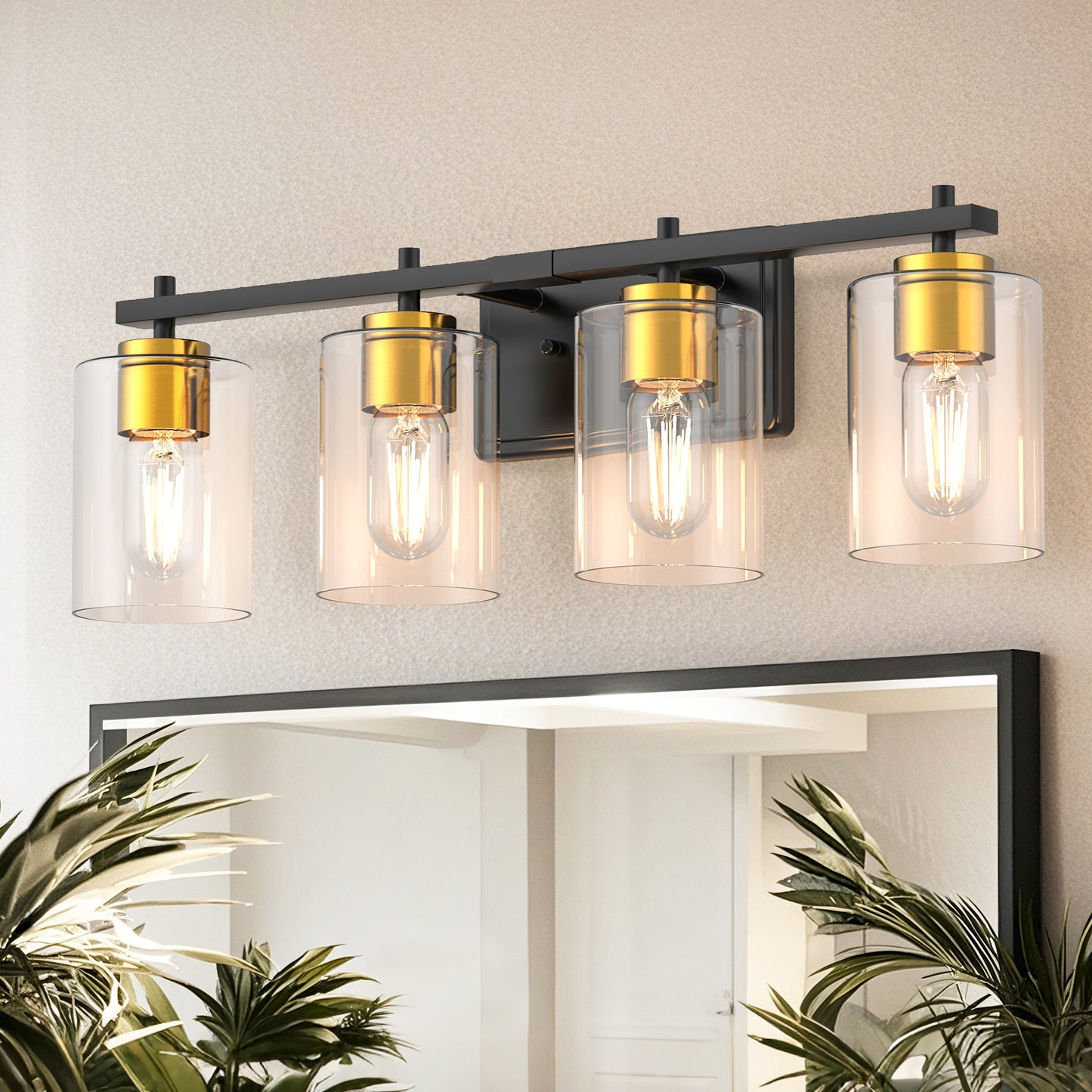 24 in. 4-Light Black Gold Vanity Light with Clear Glass Shades for Bathrooms