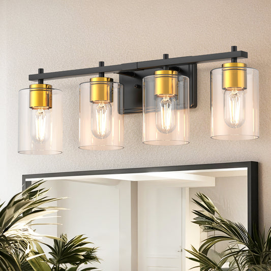 24 in. 4-Light Black Gold Vanity Light with Clear Glass Shades for Bathrooms