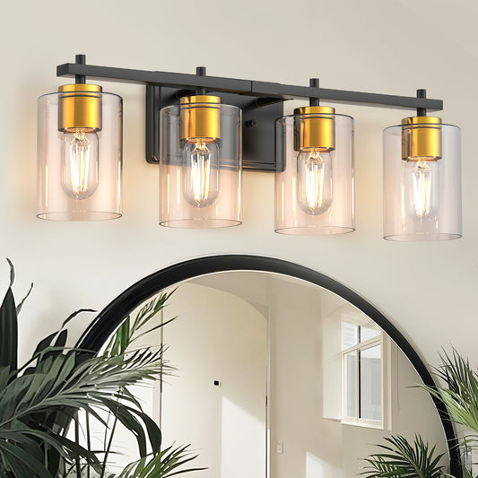 24 in. 4-Light Black Gold Vanity Light with Clear Glass Shades for Bathrooms