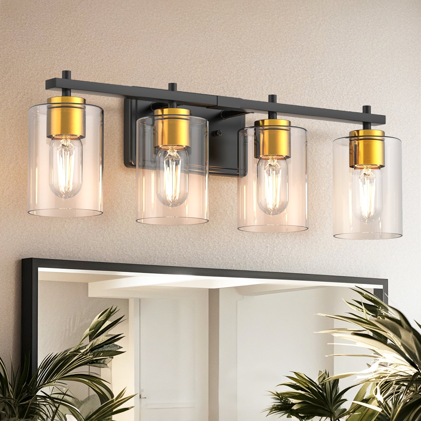 24 in. 4-Light Black Gold Vanity Light with Clear Glass Shades for Bathrooms