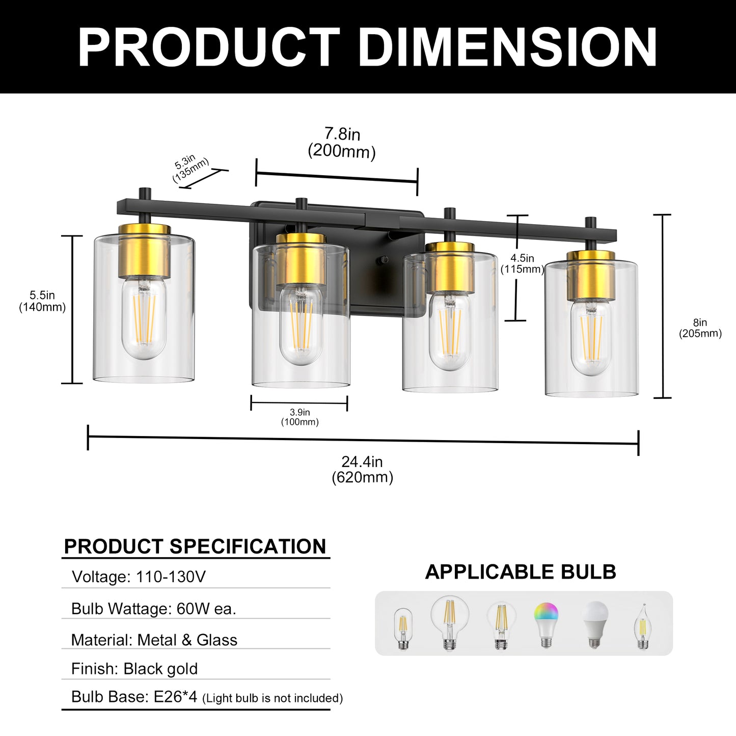 24 in. 4-Light Black Gold Vanity Light with Clear Glass Shades for Bathrooms