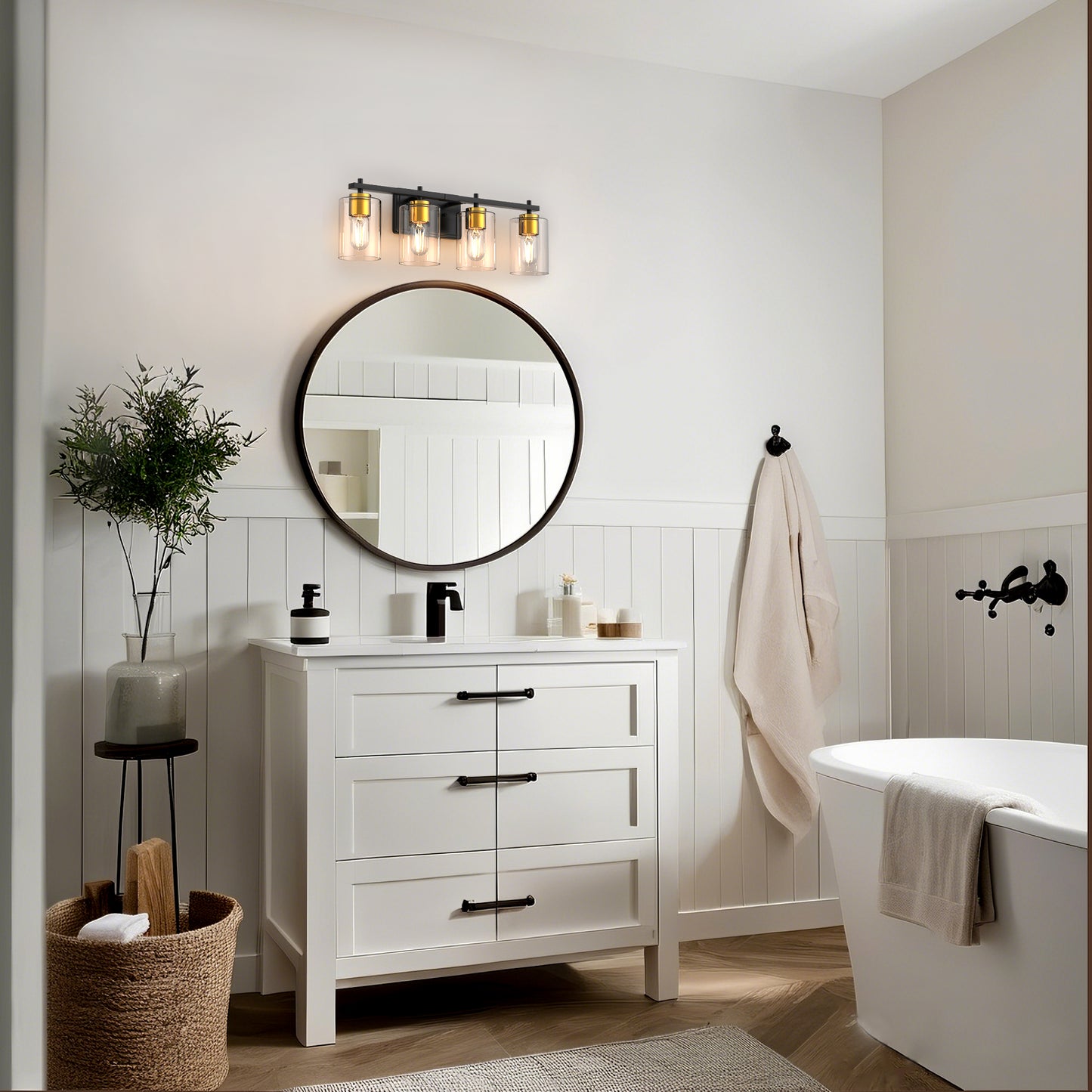 24 in. 4-Light Black Gold Vanity Light with Clear Glass Shades for Bathrooms