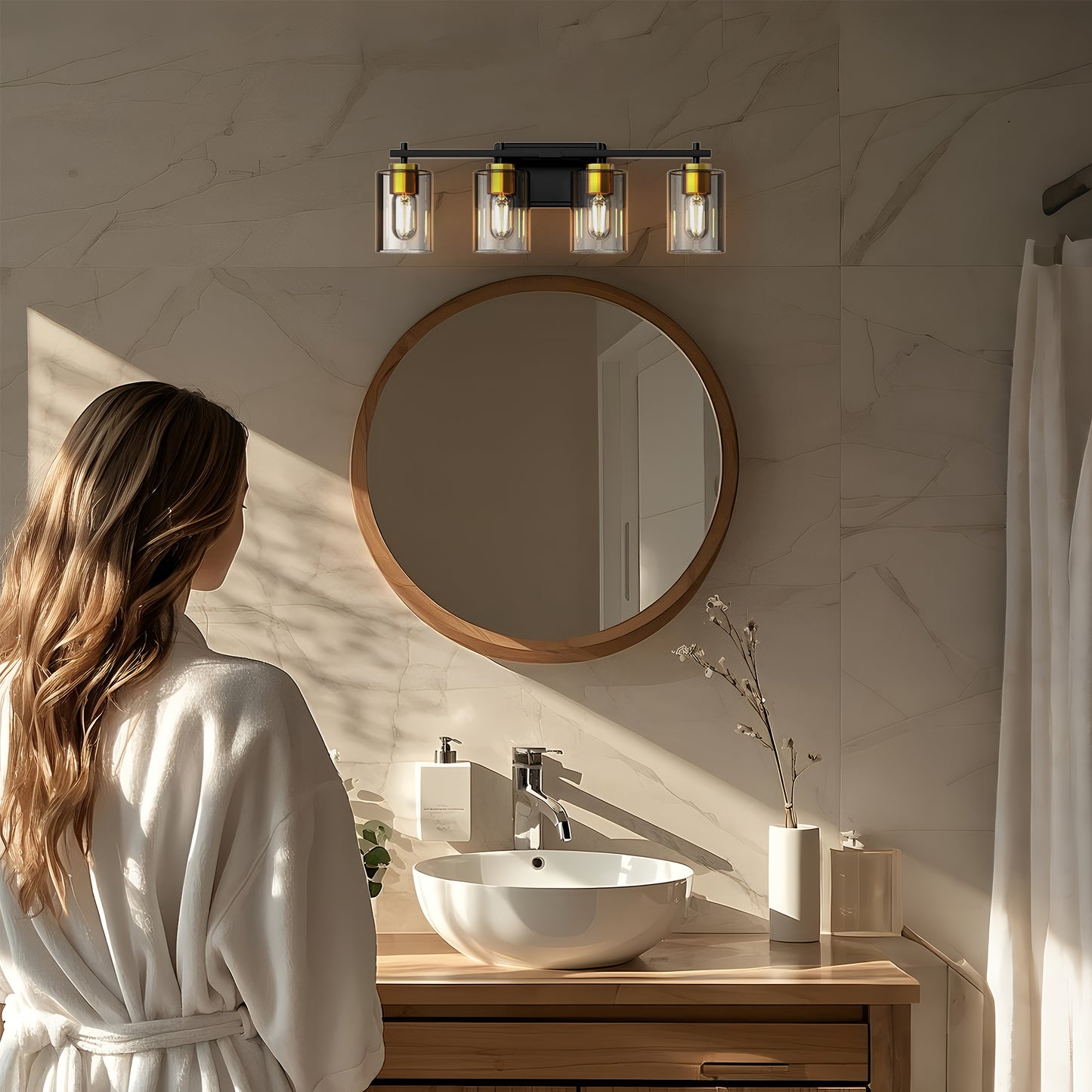 24 in. 4-Light Black Gold Vanity Light with Clear Glass Shades for Bathrooms