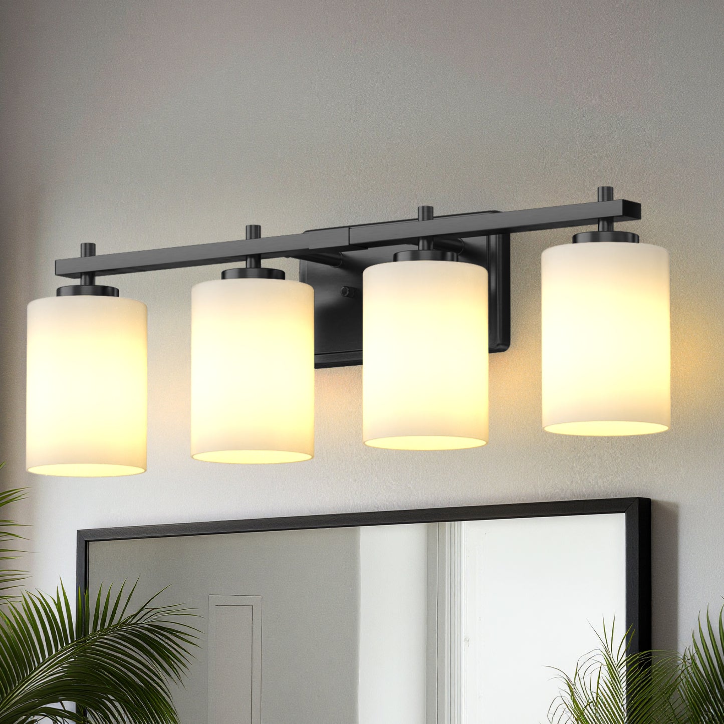 24 in. 4-Light Bathroom Vanity Light with Frosted Glass and Black Iron Frame