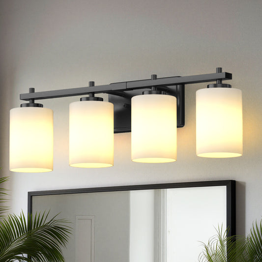 24 in. 4-Light Bathroom Vanity Light with Frosted Glass and Black Iron Frame