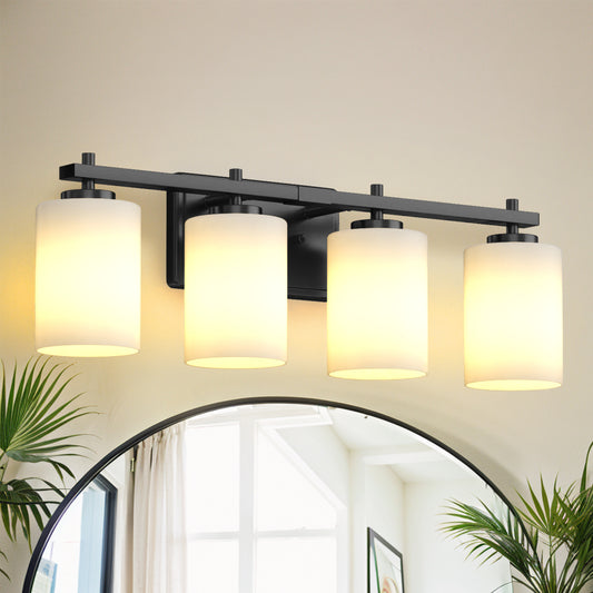 24 in. 4-Light Bathroom Vanity Light with Frosted Glass and Black Iron Frame