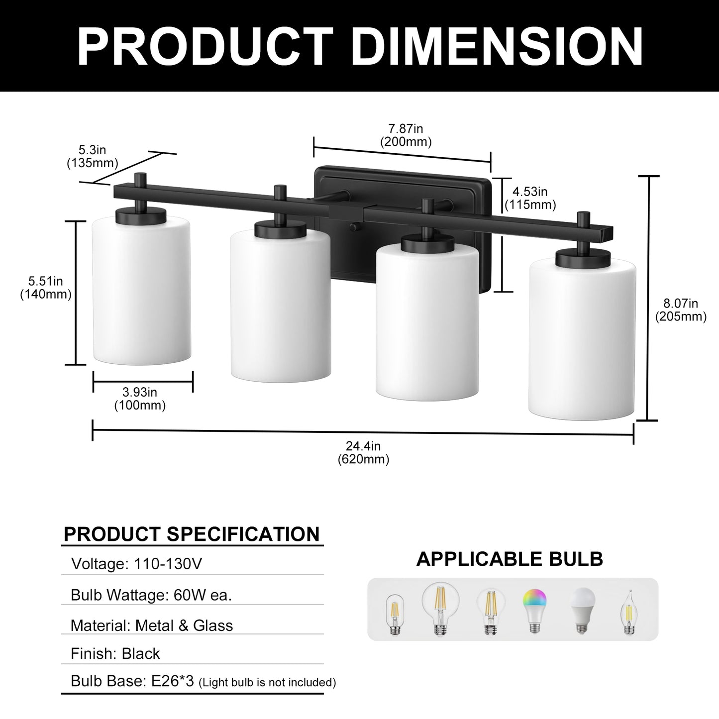 24 in. 4-Light Bathroom Vanity Light with Frosted Glass and Black Iron Frame