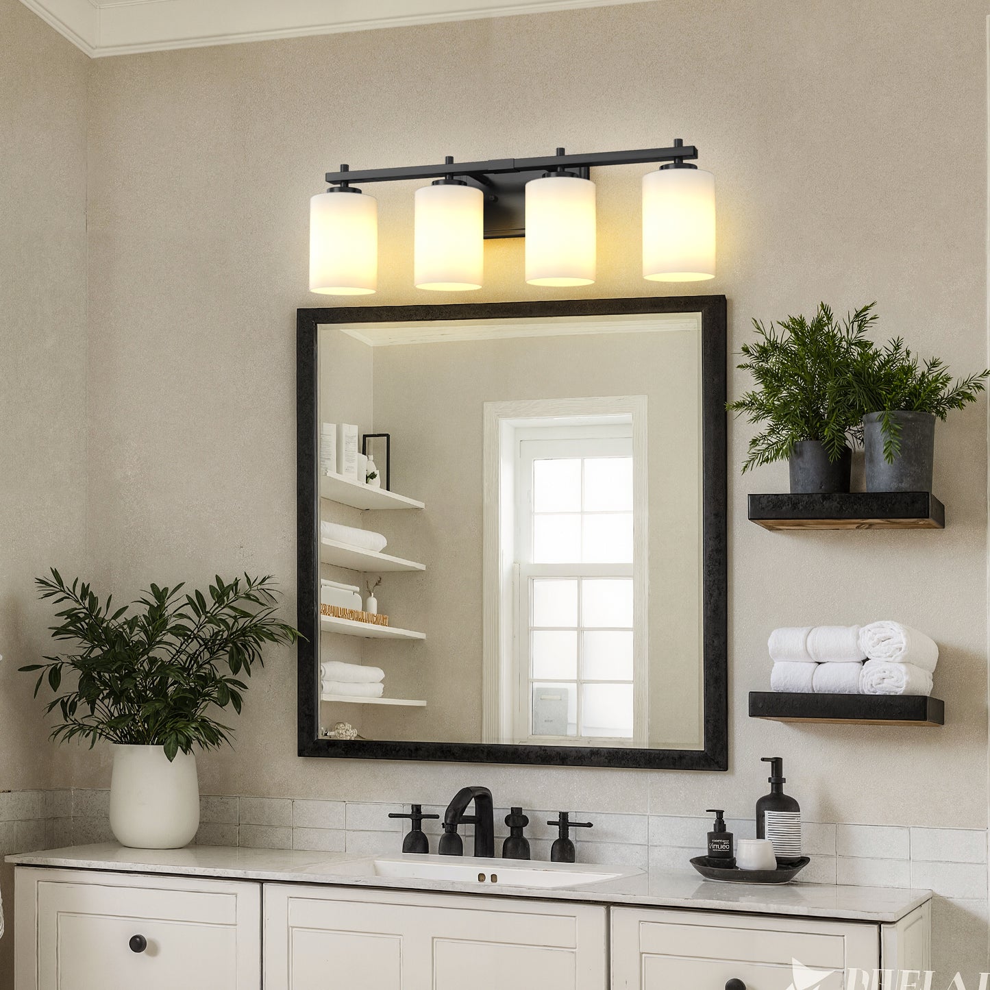 24 in. 4-Light Bathroom Vanity Light with Frosted Glass and Black Iron Frame