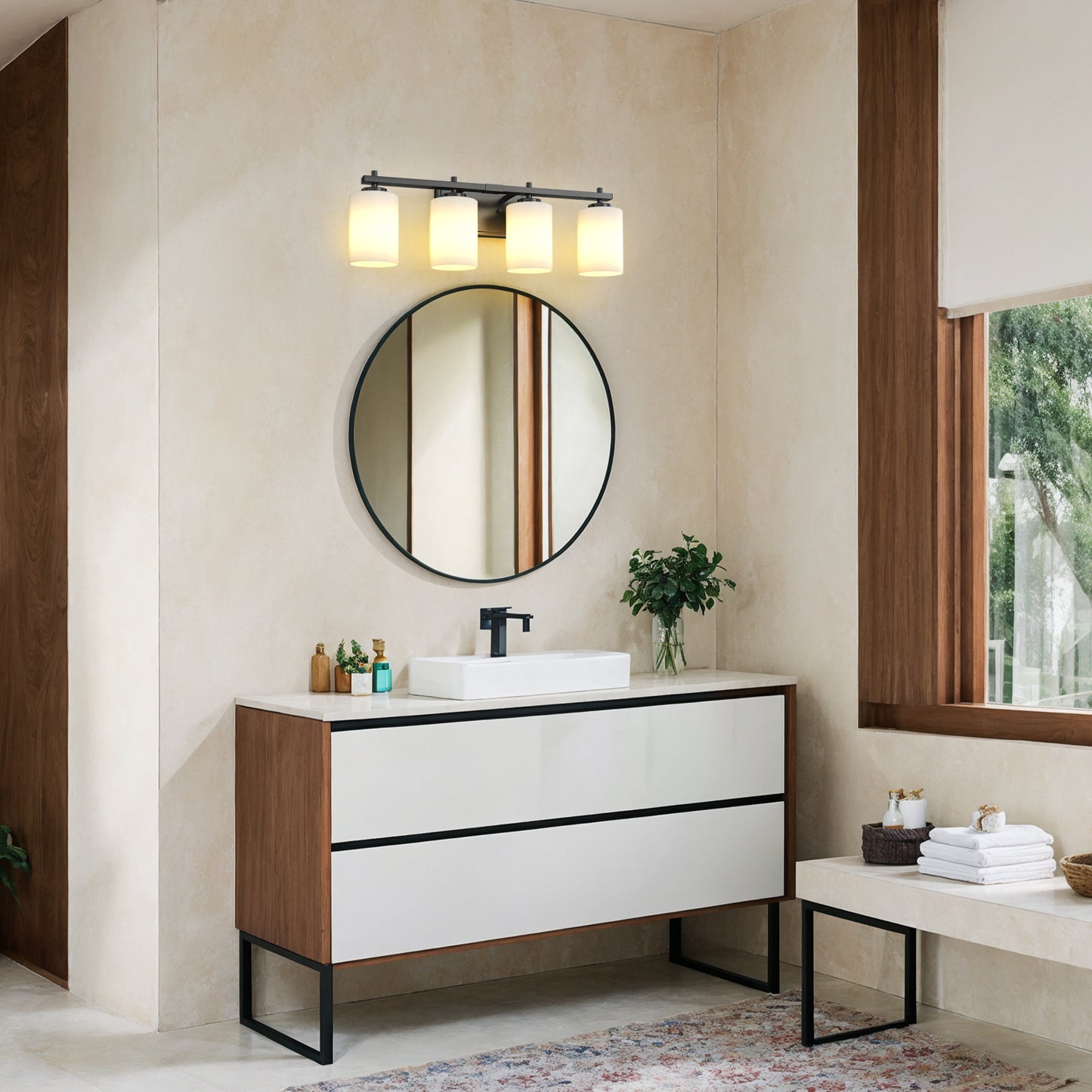 24 in. 4-Light Bathroom Vanity Light with Frosted Glass and Black Iron Frame
