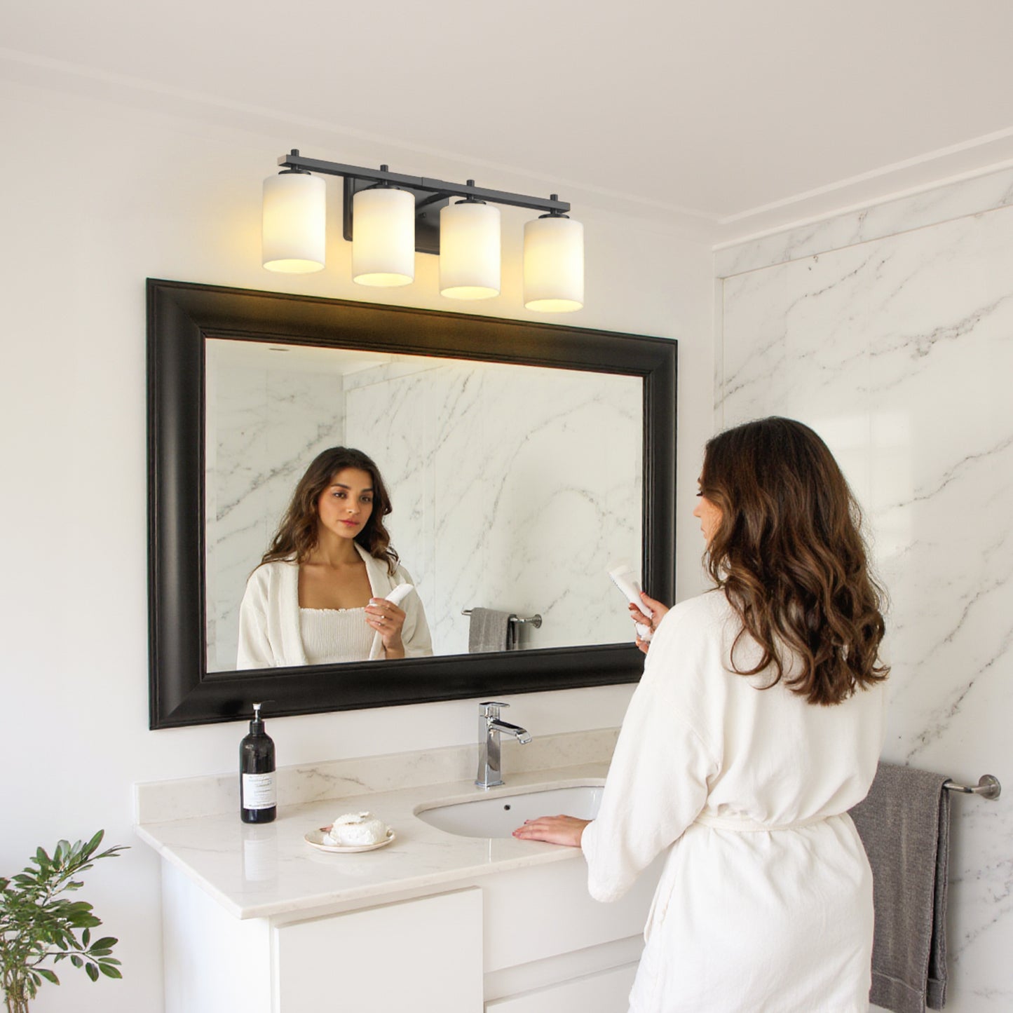 24 in. 4-Light Bathroom Vanity Light with Frosted Glass and Black Iron Frame