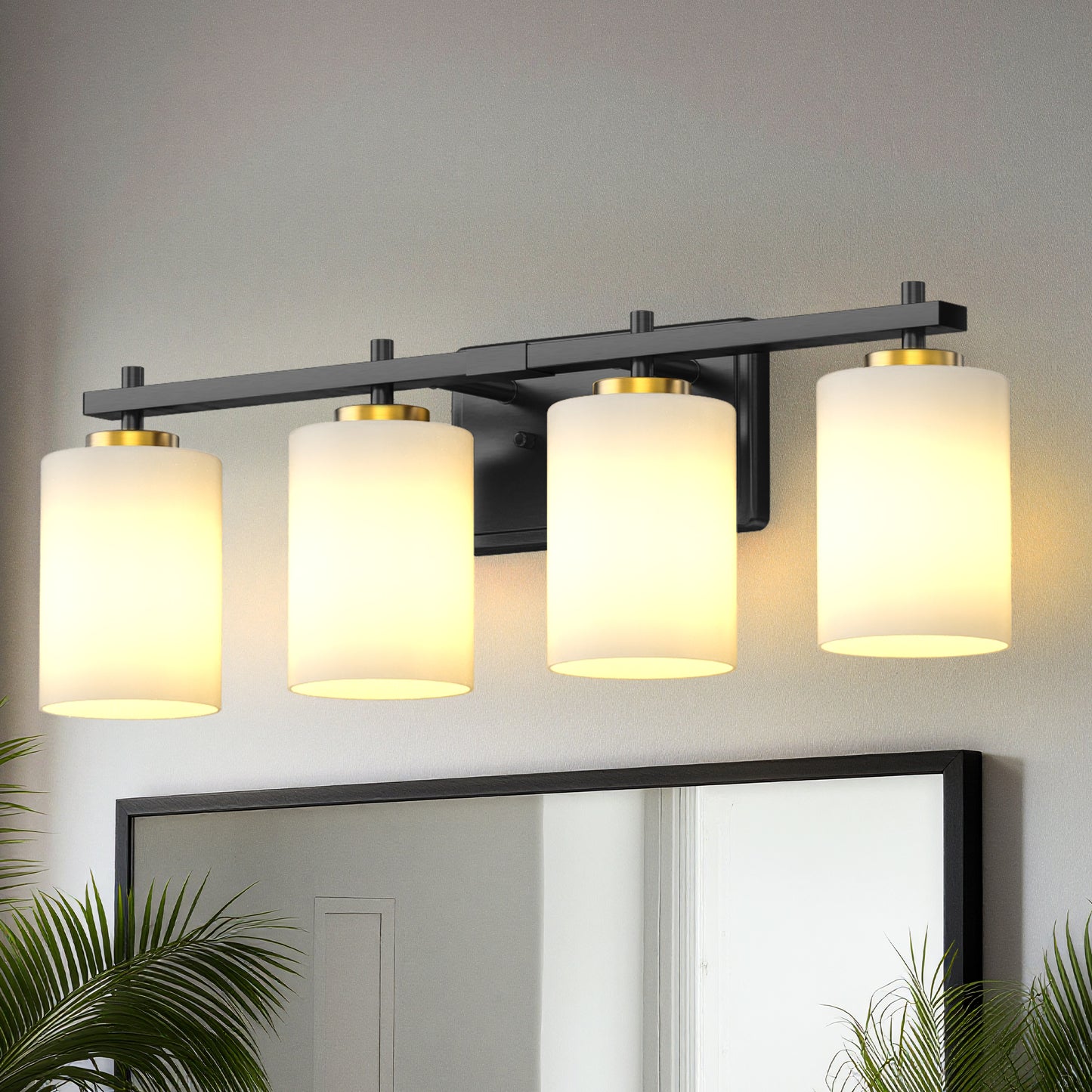 24 in. 4-Light Bathroom Vanity Light with White Glass and Black and Gold Iron Frame