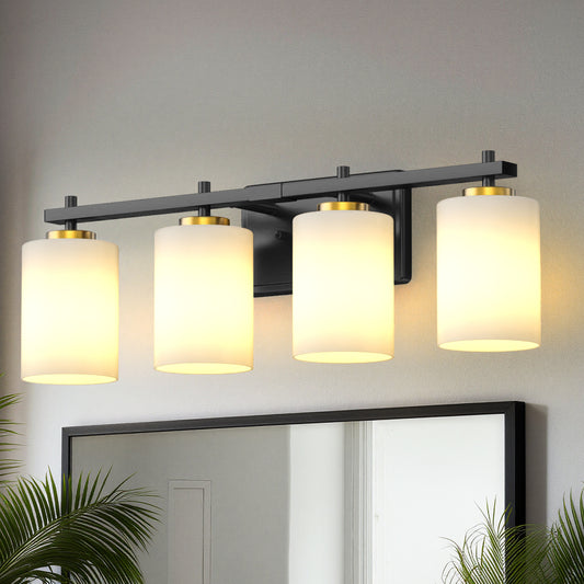 24 in. 4-Light Bathroom Vanity Light with White Glass and Black and Gold Iron Frame