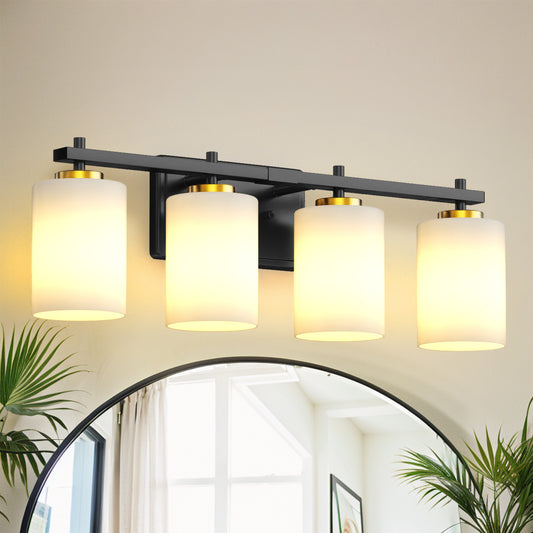 24 in. 4-Light Bathroom Vanity Light with White Glass and Black and Gold Iron Frame