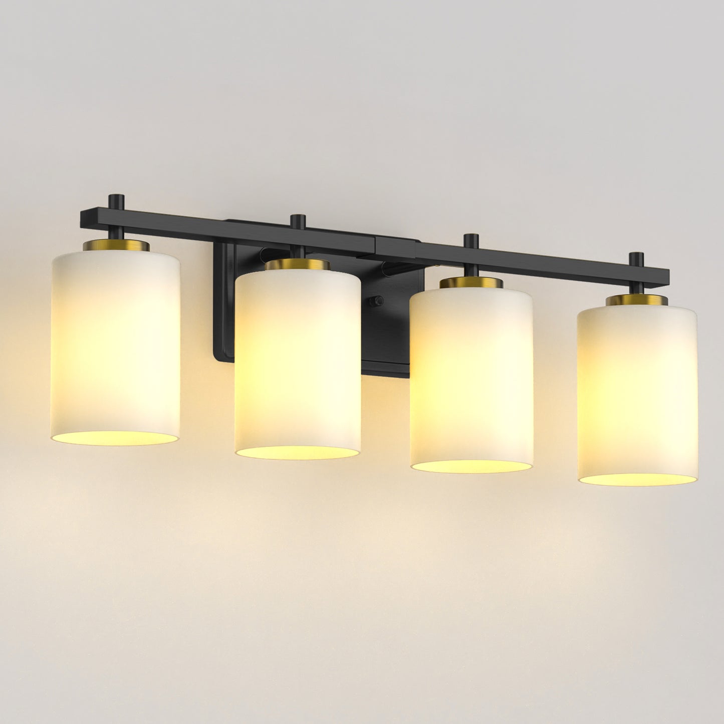 24 in. 4-Light Bathroom Vanity Light with White Glass and Black and Gold Iron Frame