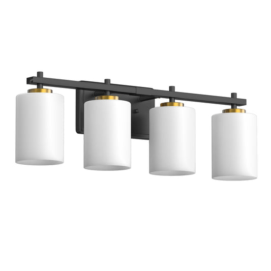 YANSUN 24 in. 4-Light Black and Gold Bathroom Vanity Light with Cylinder Frosted Glass Shade for Vanity or Dressing Room