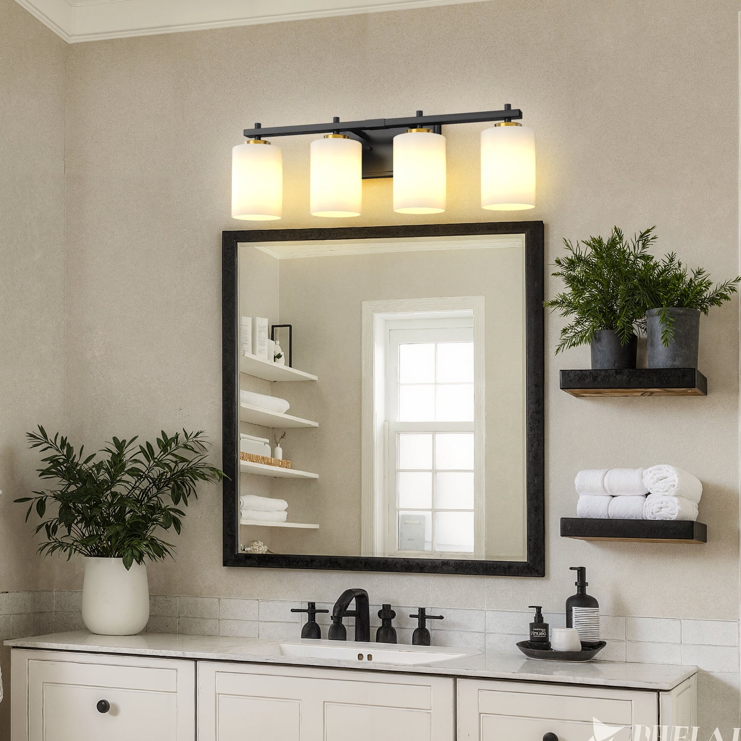 24 in. 4-Light Bathroom Vanity Light with White Glass and Black and Gold Iron Frame