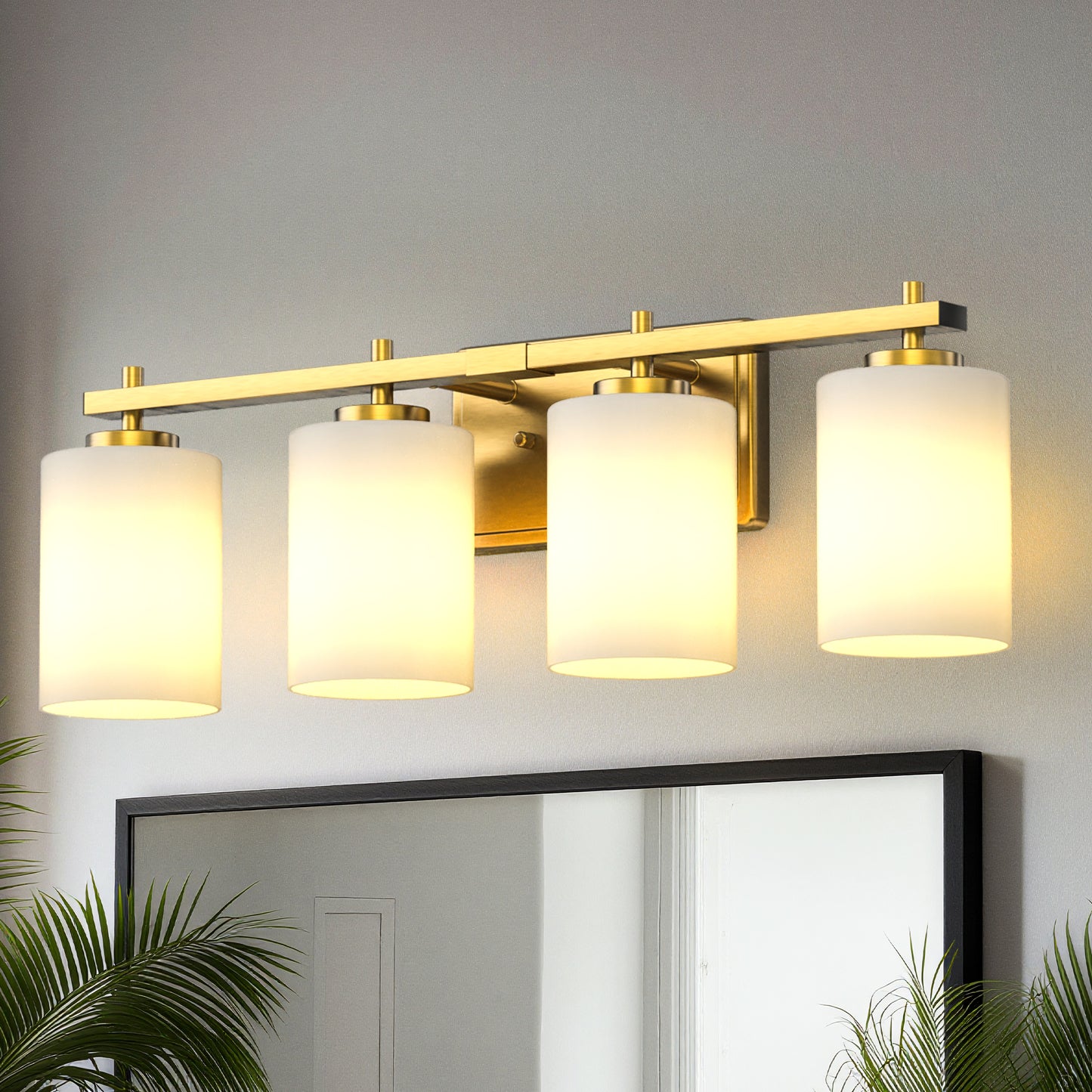 YANSUN 24 in. 4-Light Gold Bathroom Vanity Light with Cylinder Frosted Glass Shade for Bathroom Powder Room or Dressing Room