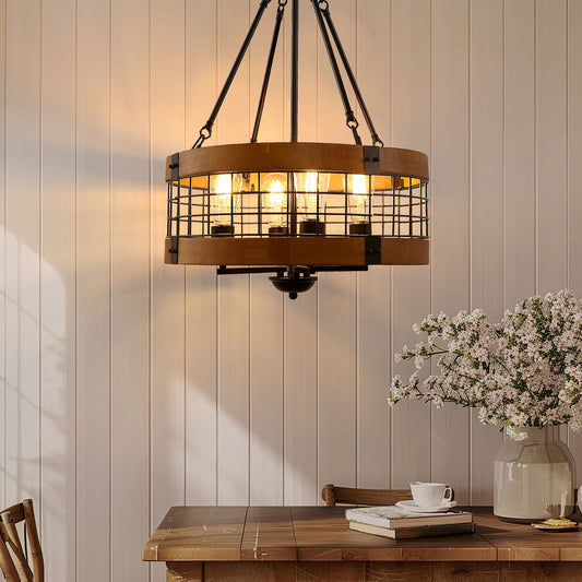 Black and Brown Farmhouse Chandelier for Dining Room, 4-Light Pendant Kitchen Island Lighting,for Entryway Foyer Bedroom
