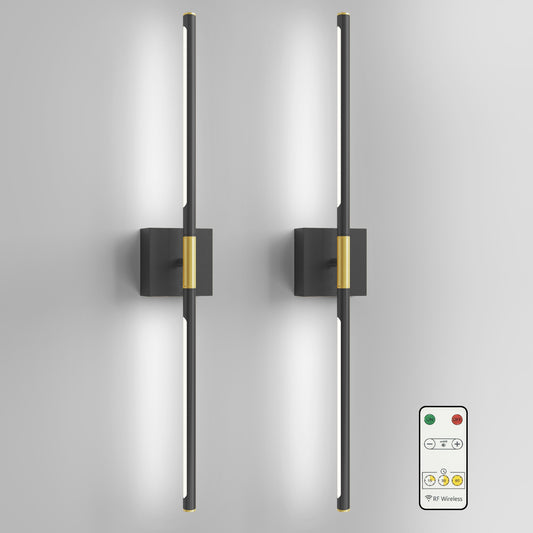 YANSUN 2-Light Black Gold Dimmable Timing LED Wall Sconce with Remote Control, Wireless Installation, USB Charging (2-Pack)